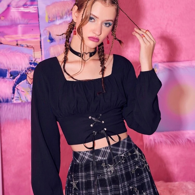 Romwe Solid Lace Up Shirred Crop Blouse
